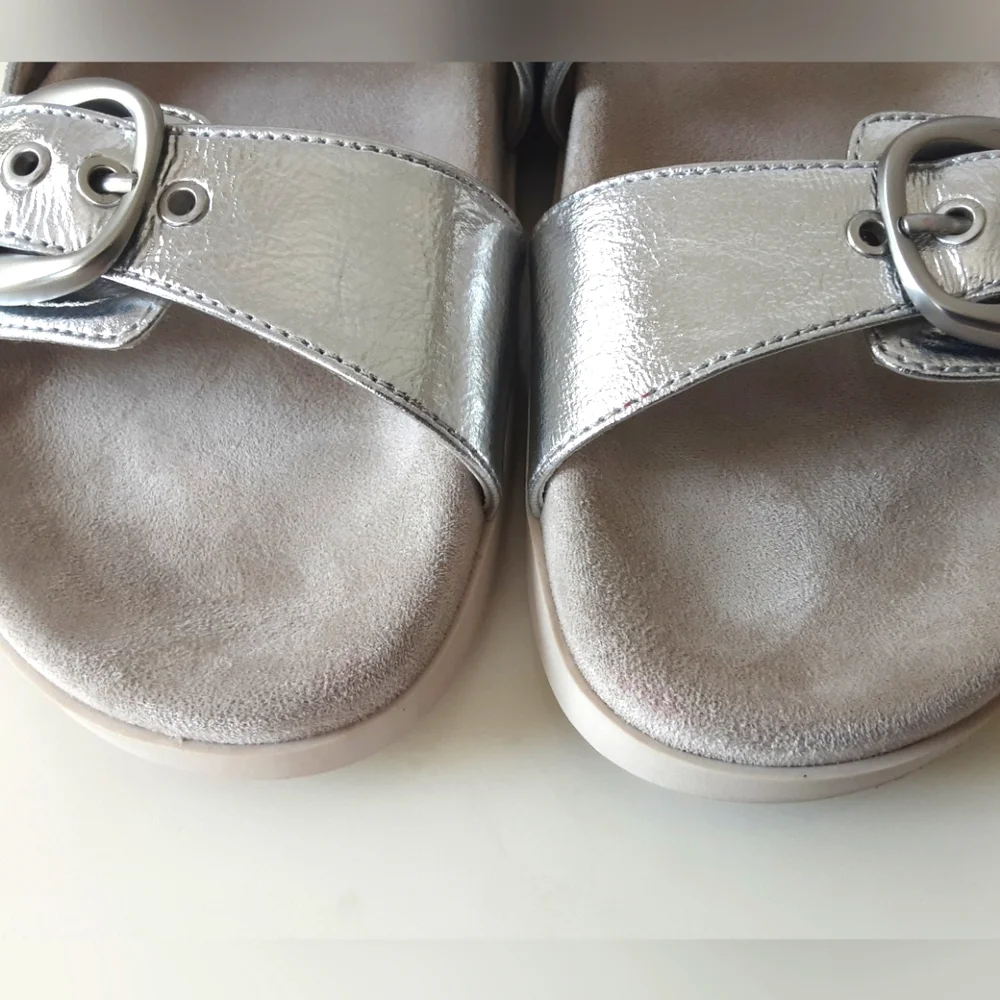 ZARA Silver Metallic Double Buckle Cushion Comfort Slides Sandals Sz 40 (9) - Picture 4 of 9